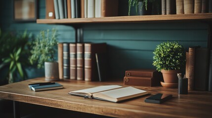 Cozy home office with open notebook and books on wooden desk