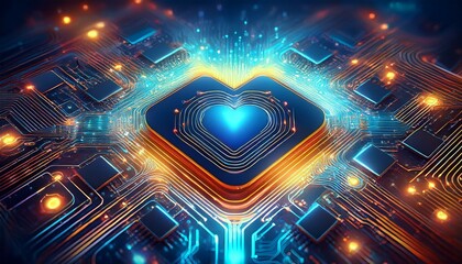 high tech ai chip at the heart of circuit board with electrical impulses machine intelligence network data connecting information processing