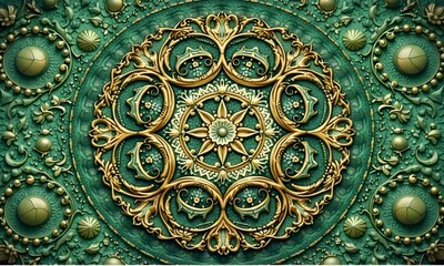 Obraz premium Elegant Green and Gold Circular Mandala Artwork