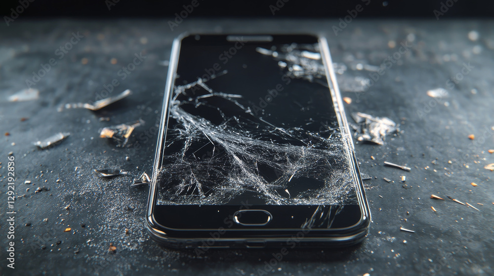 Poster mobile phone with broken screen set front and side view, smashed smartphone, shattered electronics d