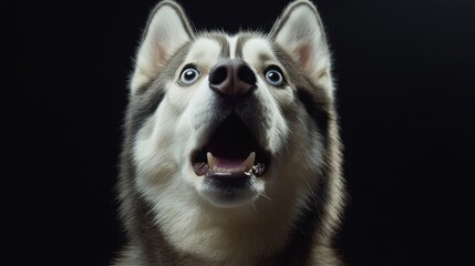 Obraz premium Close-up of surprised husky with blue eyes on black background