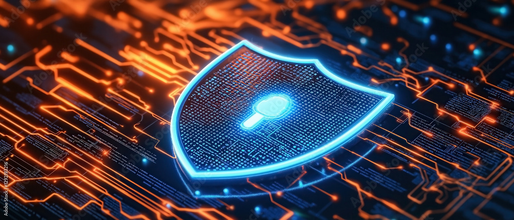 Poster digital security shield with a padlock symbol on a circuit board background.