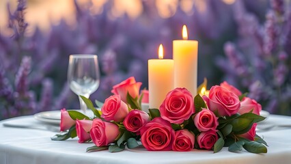 Enchanting Candlelit Dinner Setting in Lavender with Roses