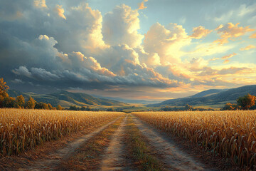 Obraz premium Golden fields under dramatic skies, A rural vista of tranquility and beauty