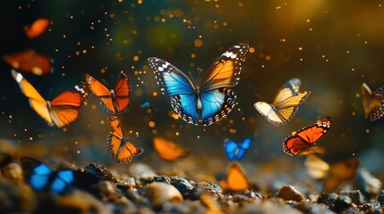 Vibrant butterflies in flight over pebbled ground with sparkling background