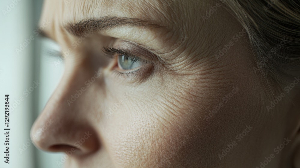 Poster close up view of womans face showing contrast between aging lines and smooth skin for medical illust