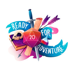 Hand drawn vector colorful illustration. A set of character items in a board game. Dice from the game Dungeons and Dragons with 20. Bright gradients and the inscription “ready for adventure”