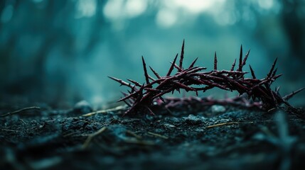 Fototapeta premium Crown of thorns on misty ground - symbol of sacrifice and suffering