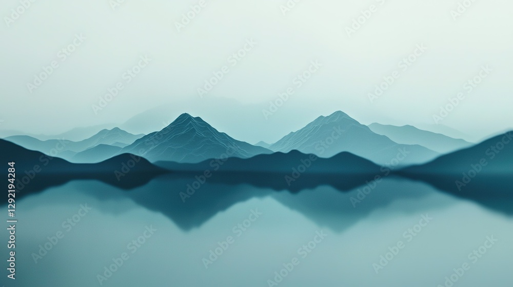 Poster a stunning view of a distant mountain range framed by a serene lake in the foreground and towering p