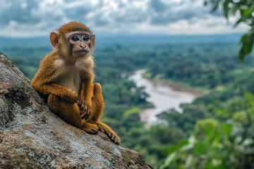 Naklejka premium Pensive primate perched high, overlooking the lush expanse of jungle terrain