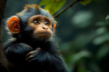 Fototapeta premium Introspective primate gaze capturing infant monkey's contemplative moment