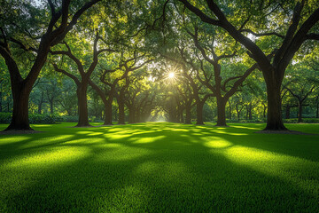 Obraz premium Sunlit Canopy, A Verdant Pathway Through Ancient Trees and Shadowplay