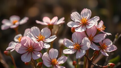 Obraz premium Dew-Kissed Blooms Hyper-Realistic Spring Morning Scene with Subtle Shadows and Muted Earth Tones