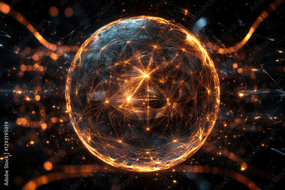 Poster A glowing sphere represents global interconnectedness, showcasing a complex network of data streams and connections.