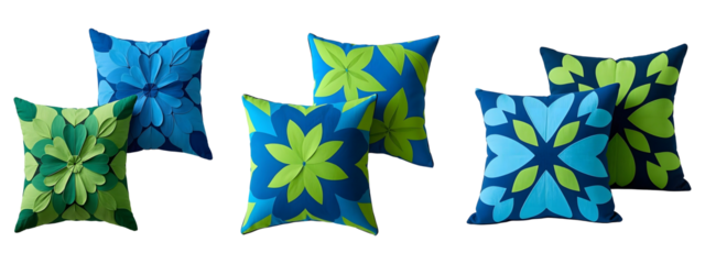 A colored pillows set and home interior, pillowcase mockup, template for design.