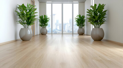 Modern office hallway, plants, city view, empty floor