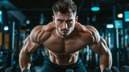 Fototapeta premium Gym cartoon poster with treadmill. Promotional flyer with promocode for weight lifting, body building or personal training. Special offer for sports activity and healthy lifestyle, Vector illustration