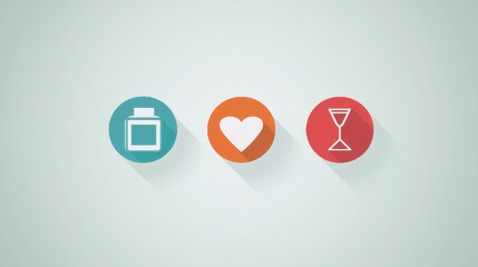 Health and wellness icons: medicine, love, and time management.