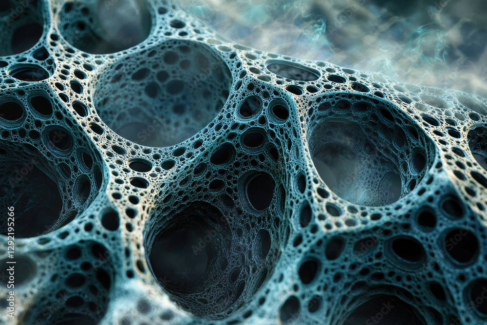 Poster abstract teal fractal artwork depicting a complex, porous, three-dimensional structure with cavernou