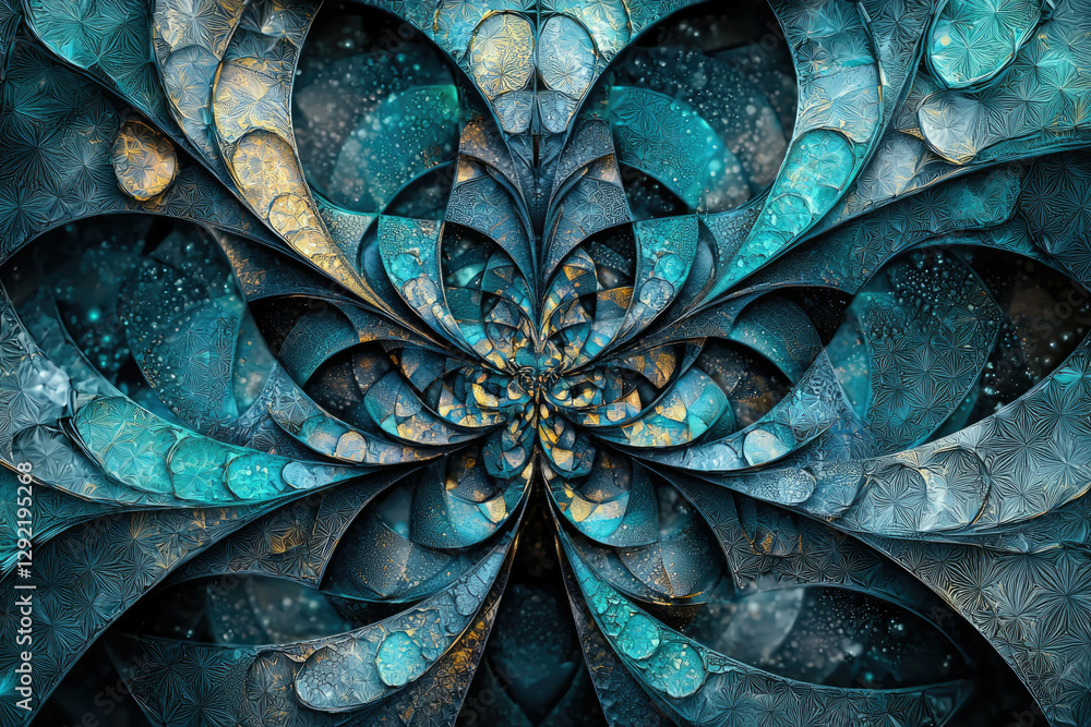 Poster intricate fractal art depicting a mesmerizing teal and gold floral pattern with a symmetrical design