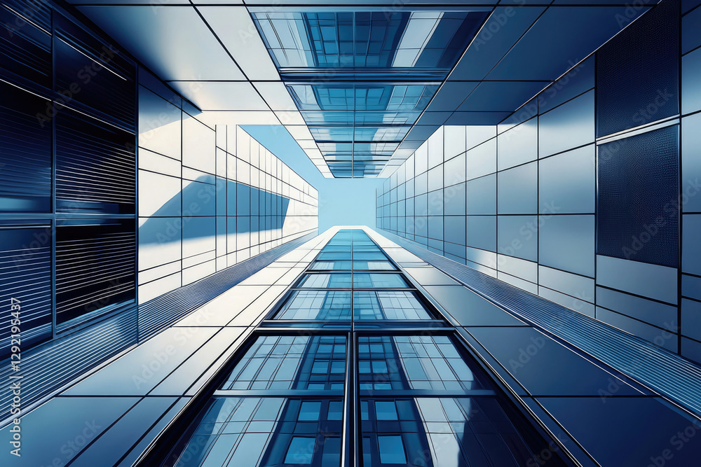 Poster a low-angle view of a modern glass skyscraper, showcasing its architectural design and reflecting th