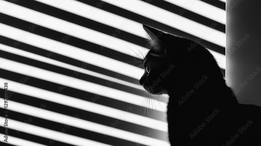 Poster a monochrome image of a feline peering from a window with slightly drawn curtains concealing part of