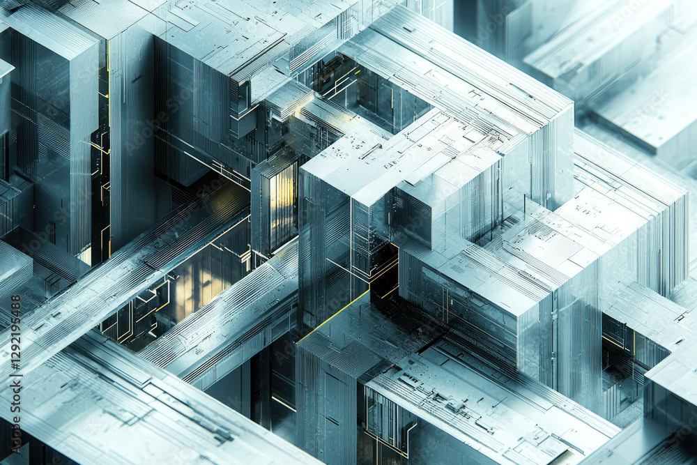 Poster Abstract digital art depicting a complex, interconnected network of futuristic metallic structures.