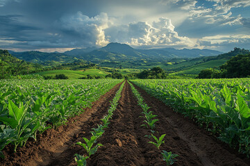 Fototapeta premium Verdant Valley, Cultivated Fields Stretch Towards Mountain Horizons