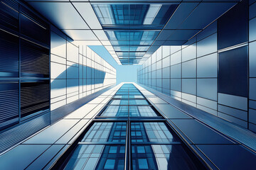Obraz premium A low-angle view of a modern glass skyscraper, showcasing its architectural design and reflecting the sky.