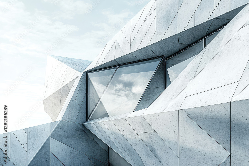 Poster modern architectural design featuring angular concrete facade and large glass windows reflecting the