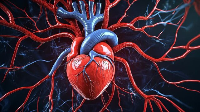 The heart pumps blood through an abstract network of vessels, showcasing its crucial role in human vitality and health