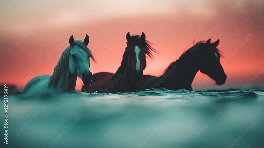 Poster a cluster of steeds submerged in water during sunset with the setting sun behind them