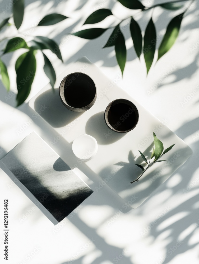 Poster Elegant display of tea cups and green foliage on a minimalistic table in soft afternoon light. Generative AI