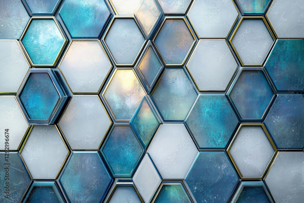 Poster Abstract hexagonal pattern with blue and white metallic textures, creating a modern and geometric design.