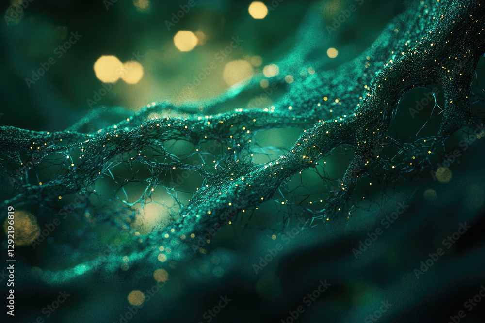 Poster Intricate teal network with glowing particles, resembling a neural network or cosmic web.