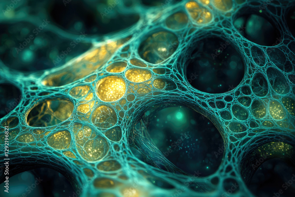 Poster abstract fractal art depicting a turquoise network with glowing golden spheres, resembling a complex