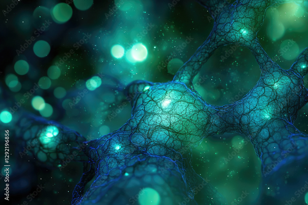 Poster Abstract depiction of a neural network, intricate web-like structure glowing teal, bokeh background.