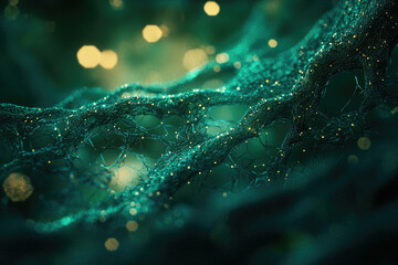 Intricate teal network with glowing particles, resembling a neural network or cosmic web.