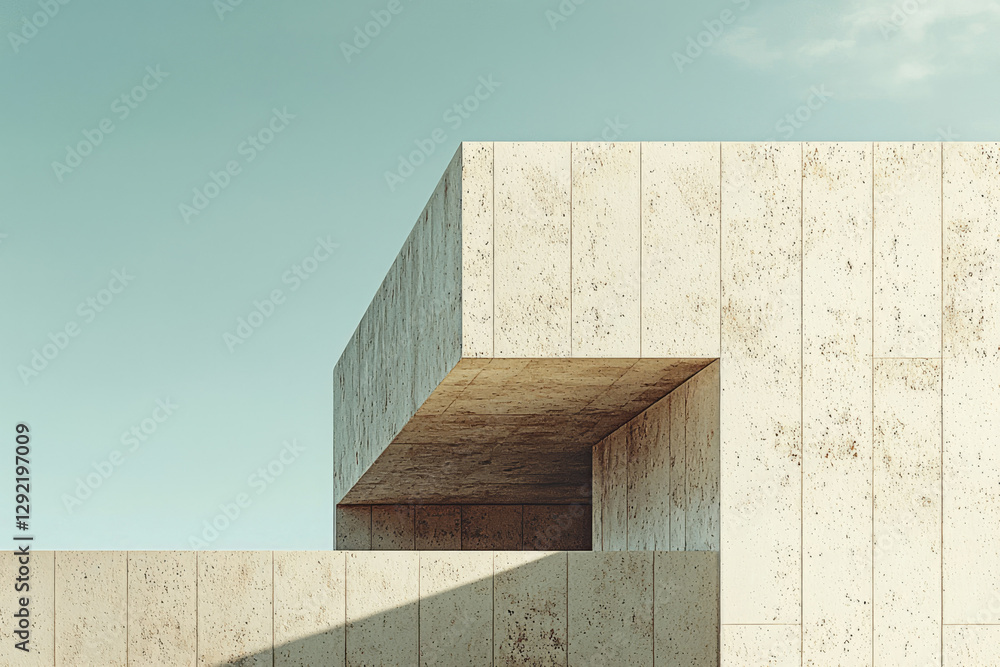 Aufkleber minimalist architecture, showcasing a beige concrete structure against a clear sky, emphasizing geom