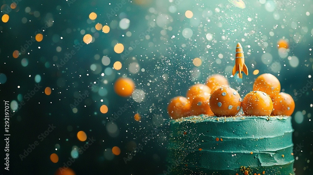 Poster a cake with a rocket on top and orange slices surrounding it, set against a hazy backdrop