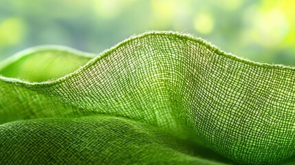 Closeup of textured green fabric draping, blurred bokeh background