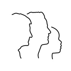 Outline illustration of grandfather, father and son profile linear portrait. Editable stroke