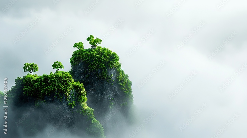 Poster a group of trees sprouting from the summit's peak in a hazy region with low-lying clouds