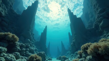 Fototapeta premium Sunlit underwater coral canyon showing bleaching and climate change effects 