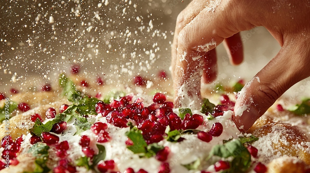 Poster a person adding sugar to a pizza with cranberries and spinach on top