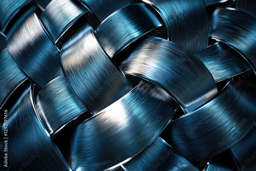 Poster Abstract image of interwoven metallic bands, creating a complex and textured pattern with dark blue hues.