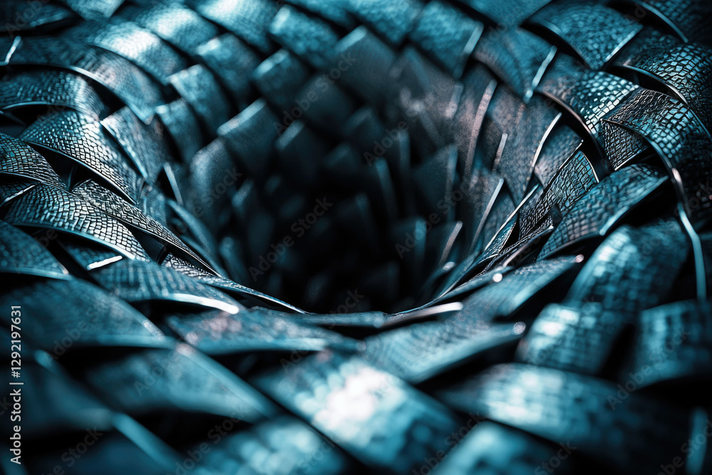 Poster abstract dark teal woven pattern forming a vortex, intricate texture and deep shadows.