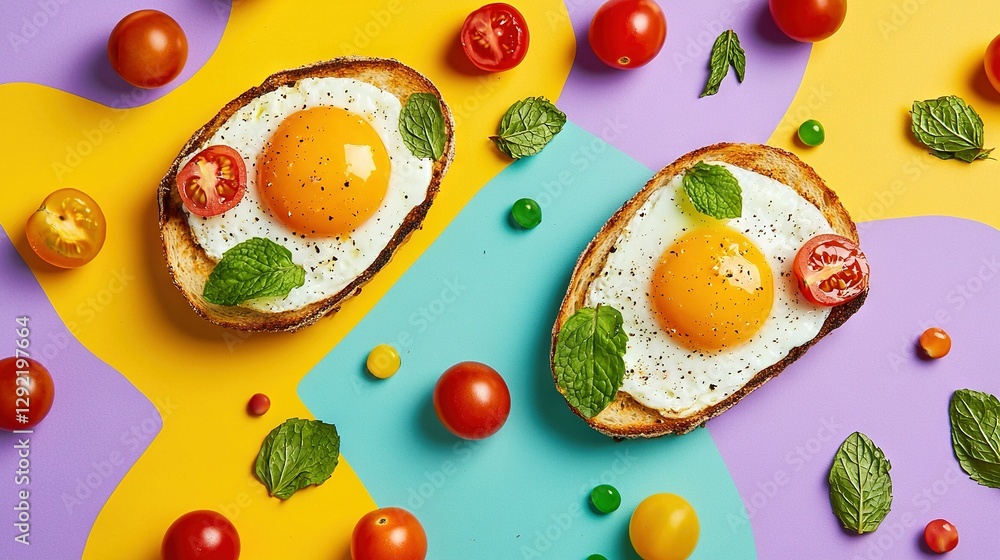 Aufkleber two slices of bread with eggs and tomatoes on top, set on a multicolored background surrounded by gr