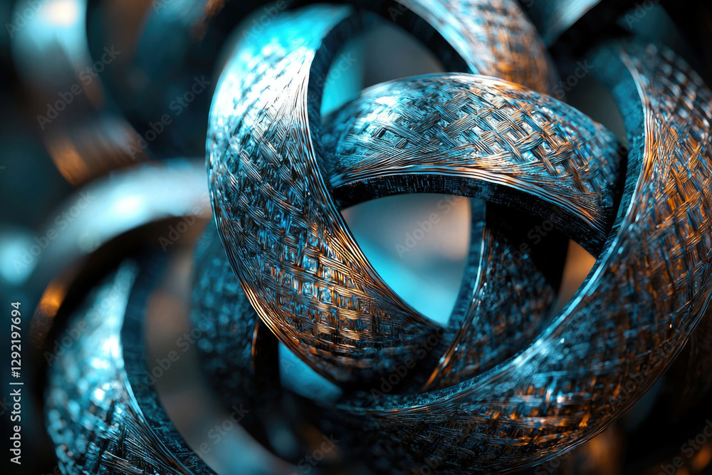 Poster Intricate metallic rings interlock, creating a complex, abstract design with a textured surface.