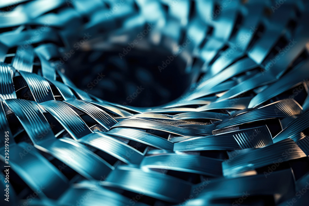 Poster abstract woven metallic texture forming a swirling, hypnotic pattern with a central void.